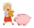 Little Blond Girl Carrying Pile of Coins in Piggy Bank Vector Illustration