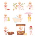 Little Blond Girl in Her Childhood Bathing, Walking with Umbrella and Selling Lemonade Vector Set Royalty Free Stock Photo