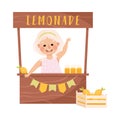 Little Blond Girl in Her Childhood at Counter Selling Lemonade Vector Illustration Royalty Free Stock Photo