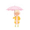 Little Blond Girl in Her Childhood Walking Under Umbrella in Rainy Day Vector Illustration Royalty Free Stock Photo