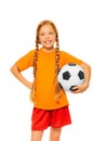 Little blond girl holding soccer ball isolated Royalty Free Stock Photo