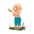 Little Blond Girl with Magnifying Glass Observing Butterfly Sitting on Her Hand Vector Illustration Royalty Free Stock Photo