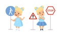 Little Blond Girl Pedestrian Learning Road Sign and Traffic Rule Vector Set Royalty Free Stock Photo