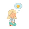 Little Blond Girl Sitting on the Floor with Emoji Face in Bubble Vector Illustration