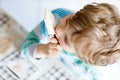 Little blond kid boy with curly hairs eating ice cream popsicle with chocolate at home Royalty Free Stock Photo