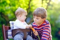 Little blond kid boy giving a carrot to baby sister. Happy siblings eating healthy snack. Baby girl sitting in pram or Royalty Free Stock Photo