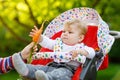 Little blond kid boy giving a carrot to baby sister. Happy siblings having healthy snack. Baby girl sitting in pram or Royalty Free Stock Photo