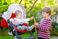 Little blond kid boy giving a carrot to baby sister. Happy siblings having healthy snack. Baby girl sitting in pram or Royalty Free Stock Photo