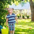 Little blond kid boy playing with water can toy Royalty Free Stock Photo