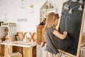 Little blonde girl drawing on the blackboard in her white room i Royalty Free Stock Photo