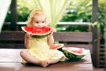 Little blonde girl eating a juicy watermelon in the garden. Children eat fruit on the street. Healthy food for children. Toddler Royalty Free Stock Photo