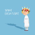 Little blonde girl with floral wreath and candle crown and long shadow. Saint Lucia. Swedish Christmas tradition, vector