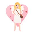 Little blonde girl holding love letter with wings, adorable cupid for valentine day, angel of love, amour mascot Royalty Free Stock Photo