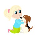 Little blonde girl hugging a beagle dog. The child is sitting on his lap, smiling and happy. The girl is dressed in trousers and a