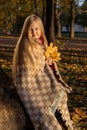 little blonde girl in a plaid whip in the park in autumn Royalty Free Stock Photo