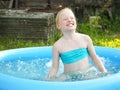 Little blonde girl playing in outdoor swimming pool on hot summer day. Royalty Free Stock Photo
