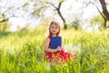 Little blonde girl in a red dress reads a book with fairy tales in nature Royalty Free Stock Photo