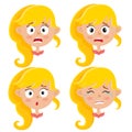 Set of blonde girl scared face expression isolated on white