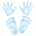 Little blue palm, handprint, footprint. Baby shower, gender reveal party, design invitation. Boy or girl. Hand drawn