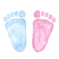 Little blue pink footprint. Baby shower, gender reveal party, design invitation. Boy or girl. Hand drawn watercolor Royalty Free Stock Photo