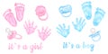 Little blue pink palm, handprint, footprint. Pacifier, dummy for newborn girl, boy. Baby shower, gender reveal party Royalty Free Stock Photo