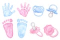 Little blue pink palm, handprint, footprint. Pacifier, dummy for newborn girl, boy. Baby shower, gender reveal party