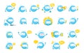 Little blue round robot mascot character big set. Cute Robot emoji. Cartoon vector illustrations. Artificial