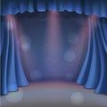 Little blue theater. Theater curtain with spotlights. Open theater curtain. Royalty Free Stock Photo