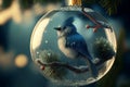 Little blue titmouse bird in christmas glass ball on fir tree covered with snow. New year eve and winter holiday scene. Xmas