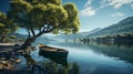 Little boat near a big tree on the calm water surface. Generative AI. Royalty Free Stock Photo