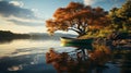 Little boat near a big tree on the calm water surface. Generative AI. Royalty Free Stock Photo