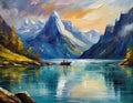 Little boat in wide norwegian fjord oil painting