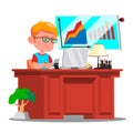 Little Boss Boy, Serious Child In Big Glasses Sitting At Office Desk Vector. Isolated Illustration Royalty Free Stock Photo