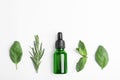 Little bottle of essential oil with different herbs, top view Royalty Free Stock Photo