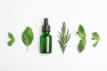Little bottle of essential oil with different herbs on white Royalty Free Stock Photo