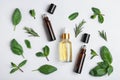 Little bottles of essential oils with different herbs on white background Royalty Free Stock Photo