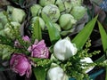 Small bouquets of white and purple lotus flowers