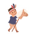 Little Boy Actor in Theater Costume of Indian with Feathers and Horse Showing Performance Vector Illustration