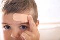 Little boy with adhesive bandage on indoors, closeup