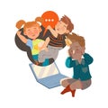 Little Boy Afraid of Mocking and Cyberbullying Sitting Near Laptop Covering His Ears with His Hands Vector Illustration