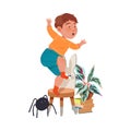 Little Boy Afraid of Spider Jumping on Chair Shouting Vector Illustration Royalty Free Stock Photo