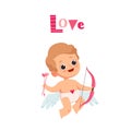 Little boy angel holds a bow and arrow in his hands, a holiday card for valentines day with an inscription love. Cute
