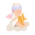 Little Boy Angel with Nimbus and Wings Sitting on Soft Cloud and Holding Star Vector Illustration Royalty Free Stock Photo