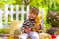 Little boy with an apple and a teddy bear sitting in the autumn Royalty Free Stock Photo