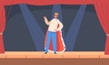 Little Boy Artist Playing Role of King or Prince on Theater Stage with Red Curtains. Child in Theatrical Costume Royalty Free Stock Photo