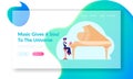 Little Boy Artist Practicing Playing Grand Piano Landing Page. Child Musician Playing Classic Keyboard Instrument