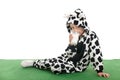 Little boy as happy cow in the meadows Royalty Free Stock Photo