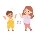 Little Boy Asking Girl Question Demonstrating Vocabulary and Verb Studying Vector Illustration