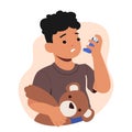 Little Boy with Asthma Breath with Inhaler. Kid Character Holding Teddy Bear Suffer of Respiratory Disease Symptoms