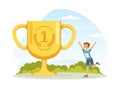 Little Boy Athlete Cheering About Gaining Golden Cup Award Vector Illustration